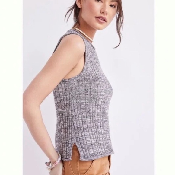 ANTHROPOLOGIE Pilcro Knit High Neck Ribbed Cotton Silk Blend Marled Gray Tank - Picture 2 of 9